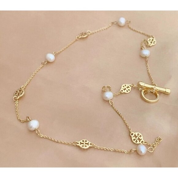 Tory Burch Gold Chain Necklace With Pearls & Logo Charms For Women - Picture 3 of 3